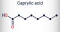 Caprylic acid, octanoic acid molecule. It is straight-chain saturated fatty and carboxylic acid. Salts are octanoates or Royalty Free Stock Photo