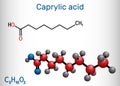 Caprylic acid, octanoic acid molecule. It is straight-chain saturated fatty and carboxylic acid. Salts are octanoates or Royalty Free Stock Photo