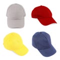 Caps in different colors isolated on white, collage. Mockup for design Royalty Free Stock Photo