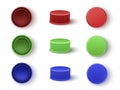 Caps in red, blue, green colors for plastic bottles or carton boxes realistic mockups set. Royalty Free Stock Photo
