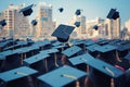 Caps tossed high in the air during graduation commencement ceremony