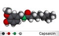 Capsaicin, alkaloid, C18H27NO3 molecule. It is chili pepper extract with non-narcotic analgesic properties. Molecular model