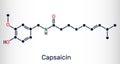 Capsaicin, alkaloid, C18H27NO3 molecule. It is chili pepper extract with non-narcotic analgesic properties. Structural chemical