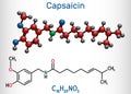 Capsaicin, alkaloid, C18H27NO3 molecule. It is chili pepper extract with non-narcotic analgesic properties. Structural chemical