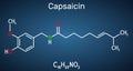 Capsaicin, alkaloid, C18H27NO3 molecule. It is chili pepper extract with non-narcotic analgesic properties. Structural chemical