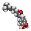 Capsaicin chili pepper molecule, 3D rendering. Used in food, drugs, pepper spray, etc. Atoms are represented as spheres with