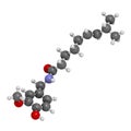 Capsaicin chili pepper molecule. Used in food, drugs, pepper spray, etc. Atoms are represented as spheres with conventional color