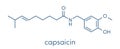 Capsaicin chili pepper molecule. Used in food, drugs, pepper spray, etc. Skeletal formula.