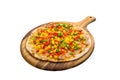 Capsicum trio pizza isolated on wooden cutting board on plain white background side view of fastfood Royalty Free Stock Photo