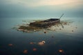 capsized boat on calm lake with floating debris Royalty Free Stock Photo