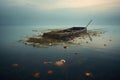 capsized boat on calm lake with floating debris