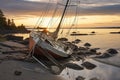 capsized sailboat on shore