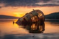 capsized vessel during a sunset