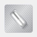 Capsule in blister. Realistic 3D drugs. Oval pill in individually packaging. Textured wrapper for medicines and vitamins