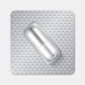 Capsule in blister. Realistic 3D drugs. Oval pill in individually packaging. Textured wrapper for medicines and vitamins.