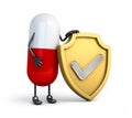 Capsule character holding golden shield with silver tick mark. 3d illustration.