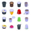 Capsule coffee icons set, isometric style