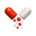 Capsule icon 3d realistic, red pill isolated on white background. Colored small balls falling of open medical capsule. Vector Royalty Free Stock Photo