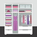 Capsule minimalistic open wardrobe. Wooden closet with tidy clothes, shirts, sweaters, boxes and shoes. Home interior. Flat design Royalty Free Stock Photo