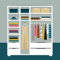 Capsule minimalistic open wardrobe. Wooden closet with tidy clothes shirts sweaters boxes and shoes.