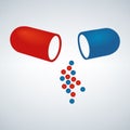 Blue and red capsule, Painkillers, antibiotics, vitamins, amino acids, minerals, bio active additive, sports nutrition. Icons of m