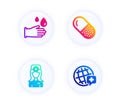 Capsule pill, Oculist doctor and Rubber gloves icons set. World medicine sign. Vector