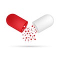 Capsule pill. Small balls pouring from an open medical capsule. Vector illustration.