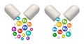 Capsule pill vector vitamin and mineral supplement set. 3d bubbles multivitamin complex. Essential icons for health