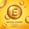 Capsule with vitamin E. Realistic gold pill. Cosmetic skin care product poster with oil drops and bubbles. Beauty and