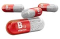 Capsules B12, vitamin cyanocobalamin. 3D rendering