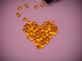 Capsules of cod liver oil arranged in a heart shape on pink background. Royalty Free Stock Photo