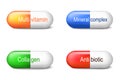 Capsules with collagen, antibiotic, multivitamin and mineral complex. Pharmacy. Set icons