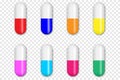 Capsules in 8 different colors. Realistic pills. Royalty Free Stock Photo