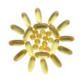 Capsules of fish fat oil in sun shape isolated on white background. Omega 3 pills Royalty Free Stock Photo