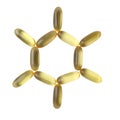 Capsules of fish fat oil in sun shape isolated on white background. Omega 3 pills Royalty Free Stock Photo