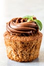 Chocolate cupcake with chocolate cream in white capsules with mint Royalty Free Stock Photo