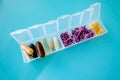Capsules lie in a pill box on a blue background. Box for packing tablets for a week. Medicine and flowers, alternative medicine Royalty Free Stock Photo
