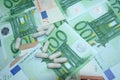 Capsules and medicines on euro banknotes. Rising prices of healthcare system. Increased costs for coronavirus pandemic.