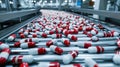 The red and white capsules on conveyor. AI generated Royalty Free Stock Photo