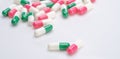 Capsules pill spread on white background. Prescription drugs. Capsule pill production. Green, pink, and white color capsule pills