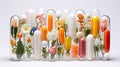 Capsules with different pills and flowers on a white background. Various pills, flowers and herbs