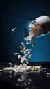 capsules or pills spill out of a jar on a table on a dark background. health medicine concept