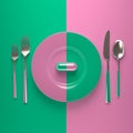 Capsules vitamins, tablets, supplements and a plate with cutlery in a geometric green and pink design. Royalty Free Stock Photo