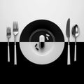 Capsules vitamins, tablets, supplements and a plate with cutlery in a geometric monochrome black and white design. Royalty Free Stock Photo