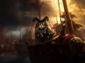 captain cat standing like human in the pirate ship on the sea