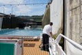 Captain of a cruise ship navigating through a lock in Austria Royalty Free Stock Photo