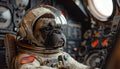 Captain Dog in an astronaut costume sits at the control panel in a spaceship flying in space