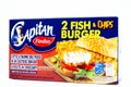 Captain FINDUS Fish & Chips Burger. Findus is a frozen food brand of Nomad Foods Royalty Free Stock Photo