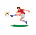 Captain of football player kicking ball, striker shooting ball to make goal cartoon flat illustration vector isolated in white Royalty Free Stock Photo