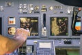 Captain hand accelerating on the throttle in flight simulator Royalty Free Stock Photo